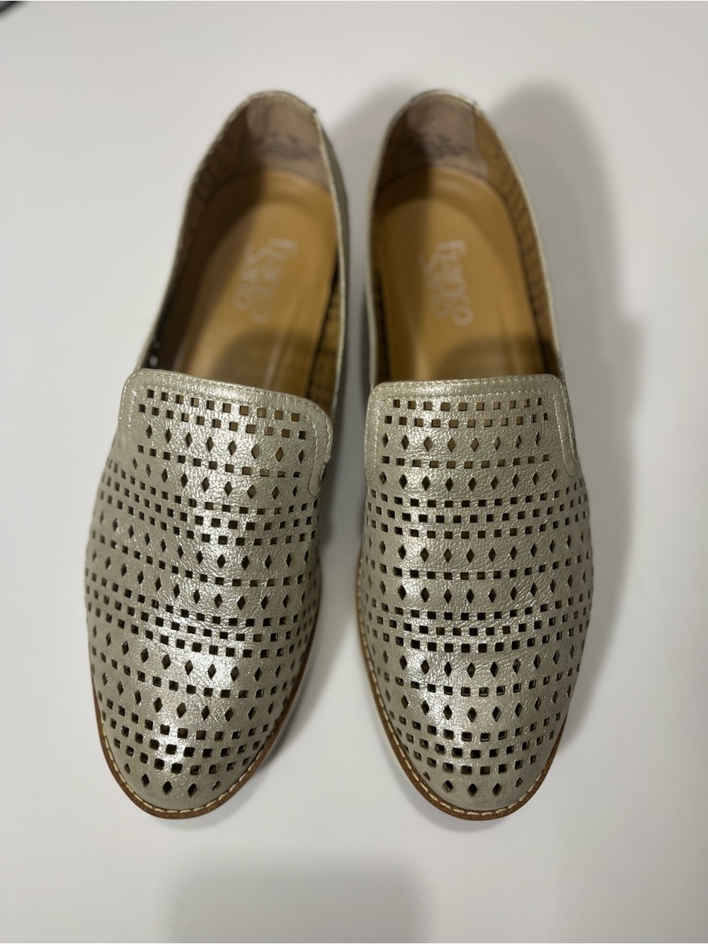 Franco Sarto Metallic Cream Perforated Slip-On Loafers